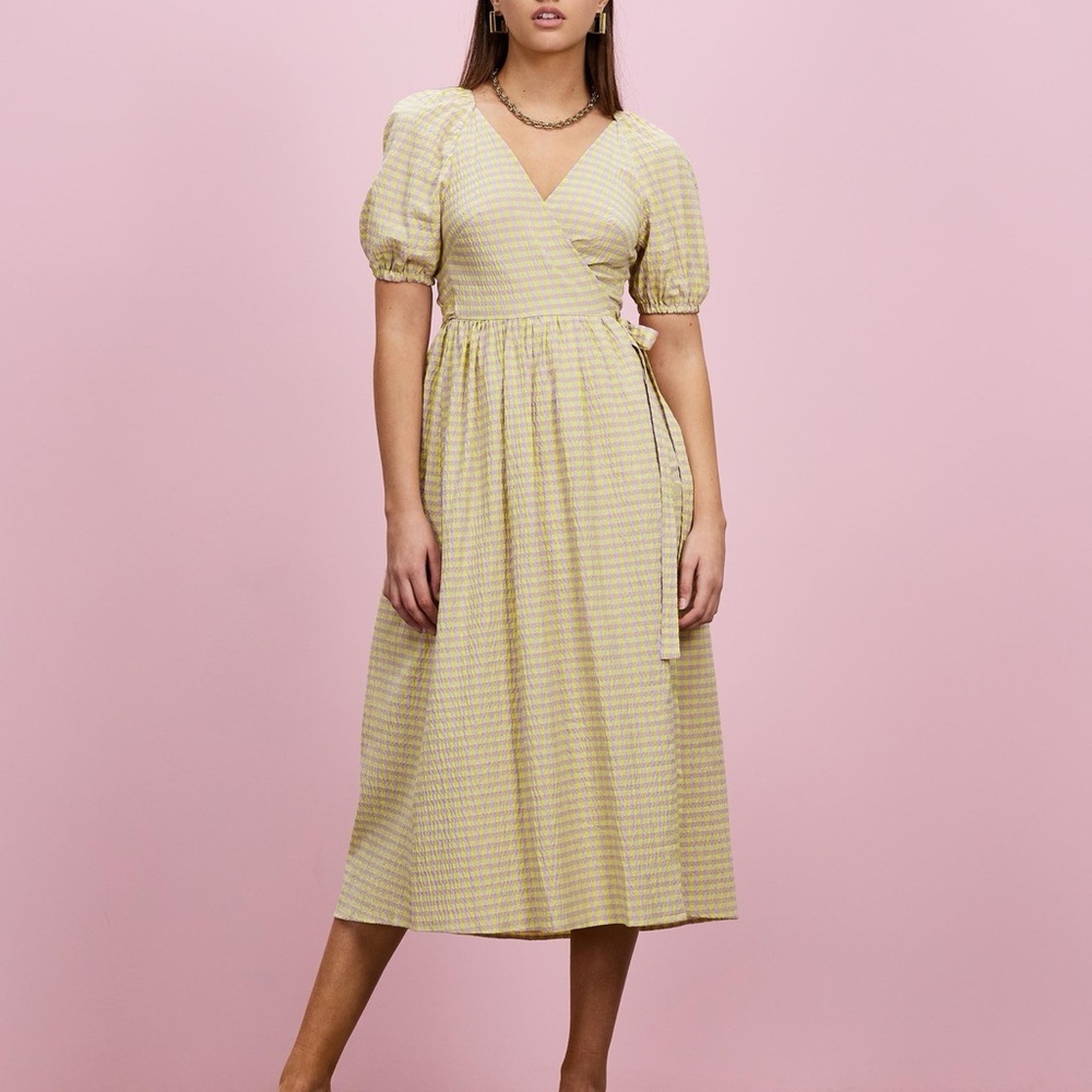 Topshop Seersucker Check Wrap Midi  Dress